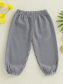 Newborn Toddler Gingham Checkered Pants Baby Girl Boy Jogger Harem Pants Infant Kids Plaid Trousers Summer Fall Bottoms - 黑色 - 查看 1