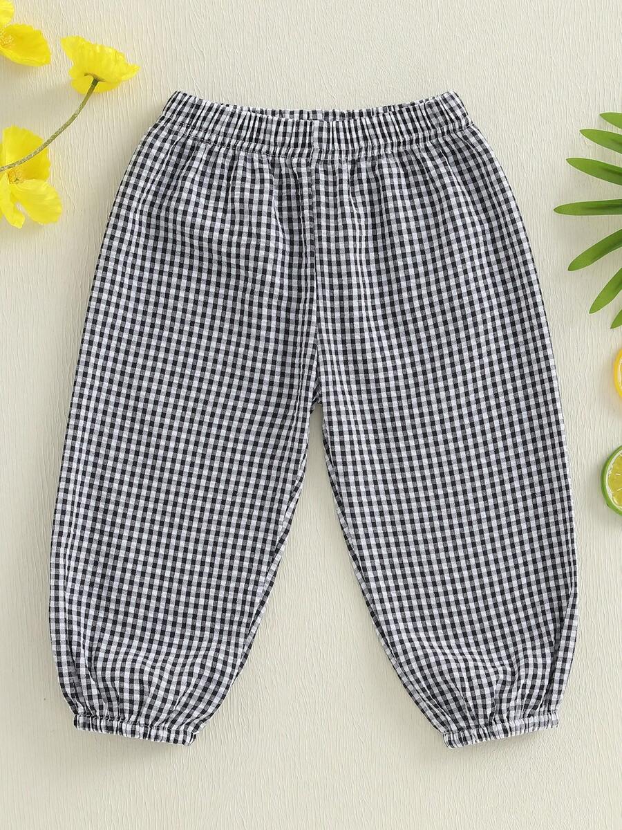 Newborn Toddler Gingham Checkered Pants Baby Girl Boy Jogger Harem Pants Infant Kids Plaid Trousers Summer Fall Bottoms - 黑色 - 查看 1