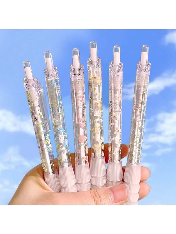 6 Pieces Of Floral Push-Button Neutral Pens, With ST Tip, Quick-Drying, 0.5mm Tip, Replaceable Ink Cartridges, Clear Floral Patterns, Soft Feel, Smooth Writing, Suitable For Students' Exams And Practice, For Writing, Signature Pens, Practice Question Pens, Push-Button Pens For Exams.