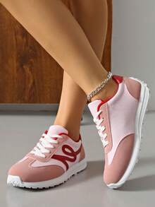 1 Pair Women's Lace-Up Low-Top Soft Sole Casual Sneakers, Sporty & Versatile - Pink - View 3