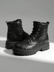 Women's Classic Combat Ankle Boots - 2 Platform, 5 Shaft, Non-Slip Rubber TPR Sole, Side Zipper & Lace-Up, All-Season Outdoor Hiking Booties For Walking, Camping & Rugged Terrain - màu đen - Xem 1