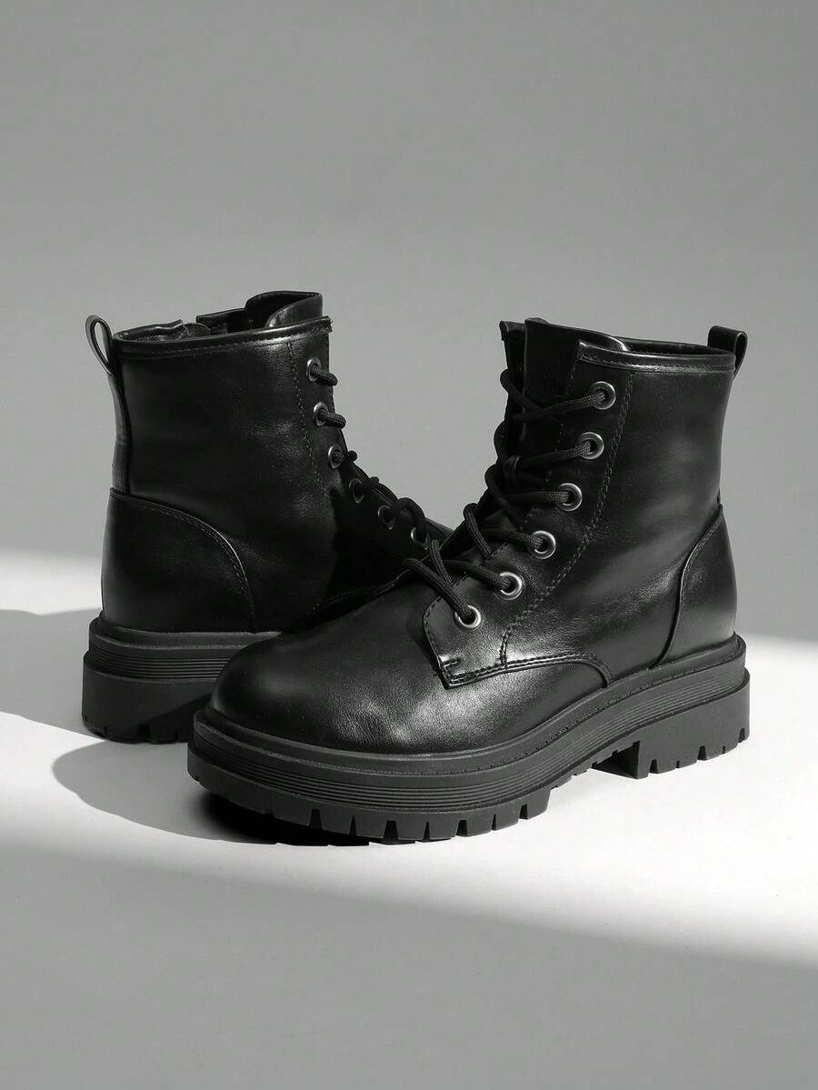 Women's Classic Combat Ankle Boots - 2 Platform, 5 Shaft, Non-Slip Rubber TPR Sole, Side Zipper & Lace-Up, All-Season Outdoor Hiking Booties For Walking, Camping & Rugged Terrain - màu đen - Xem 1
