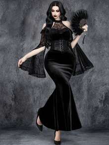 女式哥特式优雅华丽浪漫复古万圣节女巫袖角色扮演深色蕾丝玫瑰花边拼接天鹅绒露肩鱼尾派对连衣裙 - 黑色 - 查看 1