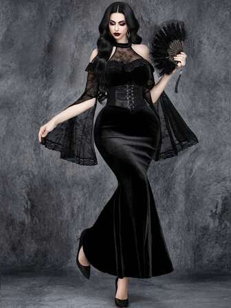 Damska gotycka elegancka, przepiękna, romantyczna, vintage, halloweenowa czarownica, rękawy, cosplay, ciemna koronka, róża, koronkowe przeszycia, aksamitna sukienka imprezowa z odkrytymi ramionami i rybim ogonem