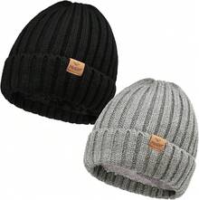 Winter Beanie Hat Men And Women, Warm Double-Layered Knit Beanie In Multiple Colors To Go With Everything - Đen/Xám - Xem 1