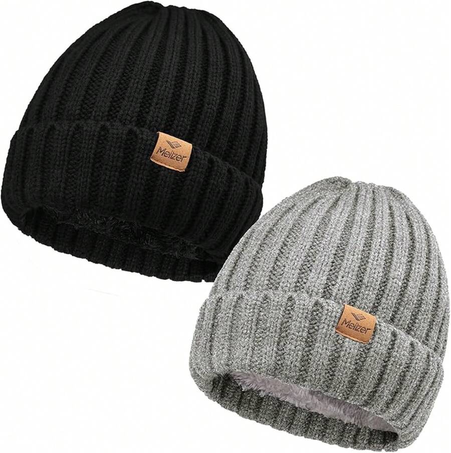 Winter Beanie Hat Men And Women, Warm Double-Layered Knit Beanie In Multiple Colors To Go With Everything - Đen/Xám - Xem 1