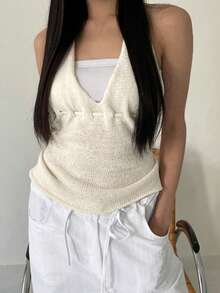 Women's Sexy V-Neck Sleeveless Knit Top, Summer - Apricot - View 2