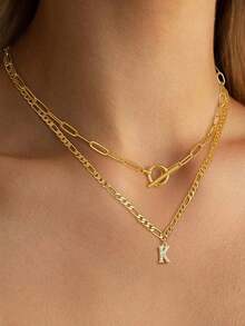 2 Pieces/Set Of Double Layer Wear Fashion Exquisite 3:1 Stainless Steel Necklace, A-Z Copper Inlaid Zirconia English Letter Pendant Women's Multi-Layer Necklace Jewelry, Ramadan, Valentine's Day Gifts