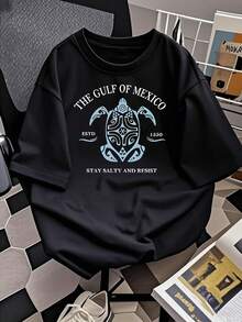 Camiseta gráfica para mujer. Camiseta de manga corta con estampado de tortuga del Golfo de México. Top informal de verano. Elegante camiseta de mezcla de algodón con cuello redondo. Ligera y cómoda, perfecta para el día a día, vacaciones o días de playa. ¡Una prenda imprescindible! Oversize. - Negro - Ver 2