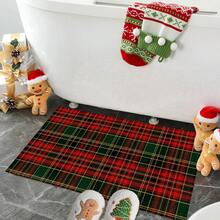1pc Long/Short Christmas Theme Vintage Red And Green Plaid Pattern Printed Soft Imitation Cashmere Material TPR Backing Kitchen Mat,Door Mat,Bath Mat,Bedroom Mat,Dinging Room Mat,Home Decoration,Holiday Decoration,Christmas Decoration,Kitchen Decoration - Multicolor - View 5