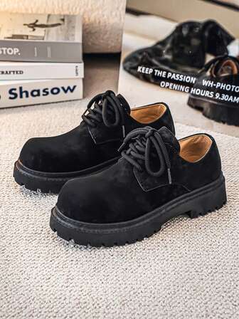 男士德比鞋，纯色学院风复古工装人造革系带低帮休闲鞋，适合上学、度假和所有季节