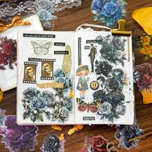 30pcs/Pack Vintage Rose Floral Stickers, Creative Aesthetic Sticker Decals, Holiday Gift, DIY Decoration Scrapbooking Craft Supplies, Personalized Sticker Album School Stationery - Black - View 7
