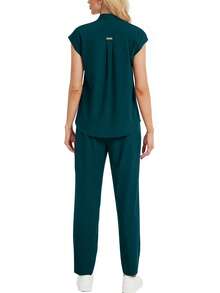 2pcs Set: Solid Color Notched Neck Batwing Sleeve Top And Long Pants Loungewear Spring - Dark Green - View 3