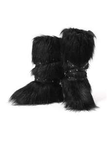 2025 Winter Knee High Boots Pull-On Faux Fur Boots Furry Fluffy Round Toe Strap Boots For Women Suede Comfy Plush Warm Outdoor Indoor Flat Shoes Punk Party Dressy Women EdgyElongate Winter Autumn Fall Christmas Boots - 黑色 - 查看 7