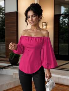 Blusa Strapless Ajustada de Manga Larga Abullonada para Mujer - Rosa Fucsia - Ver 3