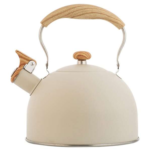 [Vintage-Style Whistling Tea Kettle]2.5QT Stovetop Kettle With Wood Grain Handle & Loud Whistle | Quick-Boil Stainless Steel Pot For Tea, Coffee & Kitchen Decor (Beige)