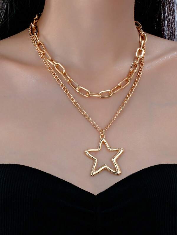 1pc Hollow Star Pendant Necklace With Thick Chain, Suitable For Women Everyday, Festival, Party Wear