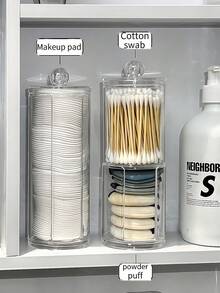 1 pièce Boîte de rangement transparente pour coussinets de maquillage, bocal de rangement avec couvercle, rangement pour outils de nettoyage du visage, support de rangement pour coton démaquillant sur le bureau, accessoires de rangement pour la coiffeuse, accessoires de salle de bain