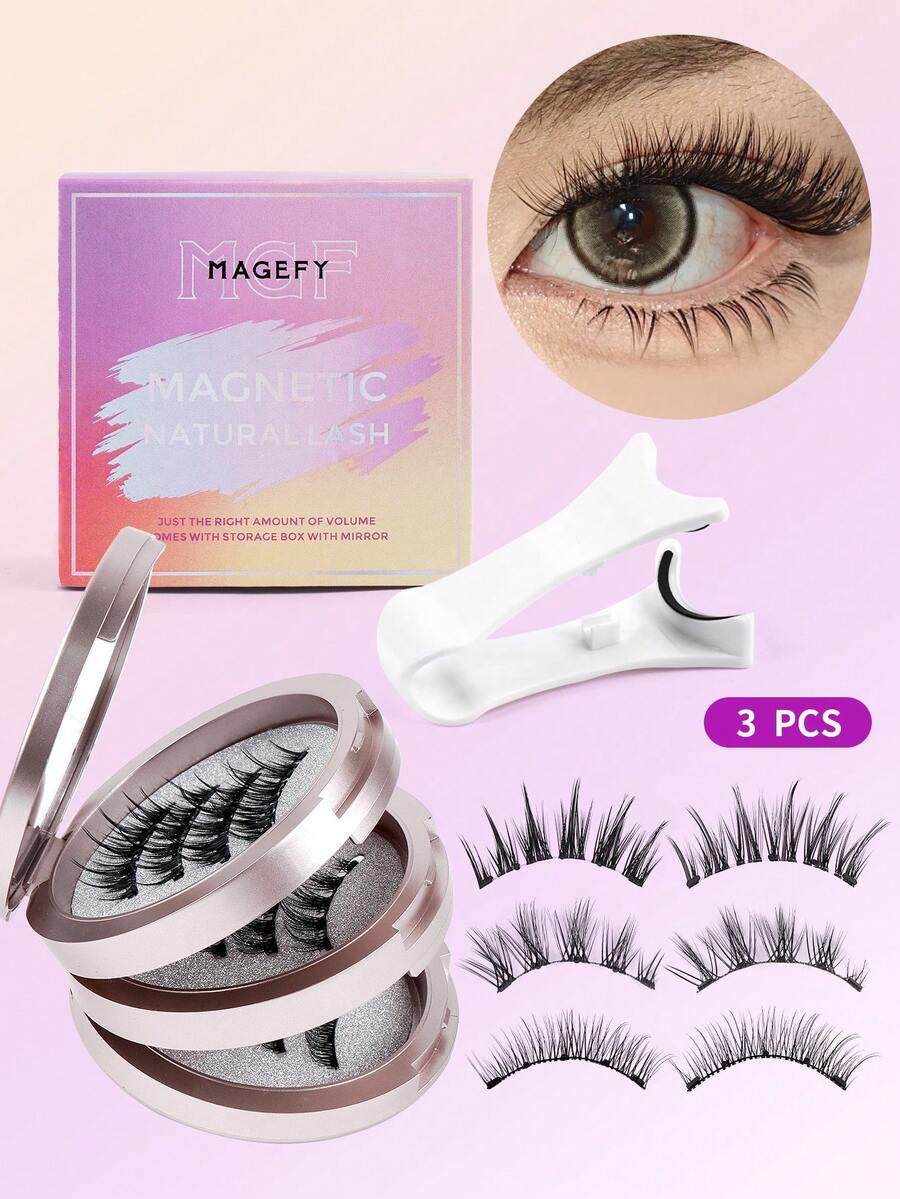 MAGEFY 3对/套可重复使用的磁性假睫毛，打造自然妆效，包含1个专业睫毛夹+眉毛修剪器+双头眉刷，无需胶水，易于佩戴和卸除。