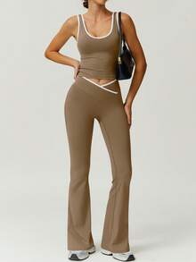 NcmRyu 1 Set Women's High Elasticity Contrast Color V-Neck Waist Slimming Tank Top And Leggings Sexy Butt Lifting Fitness Outfit Summer - 棕色 - 查看 4