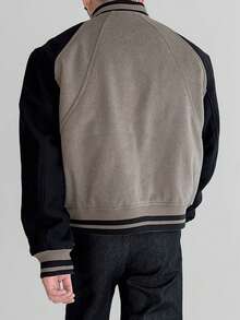 Men's Autumn/Winter Fashion Casual Windproof Wool Blend Colorblock Baseball Jacket, Essential For Daily Commute, Custom Ribbed Patchwork Design, Great Gift