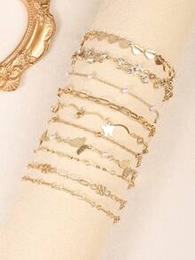 10pcs/Set Elegant Copper Inlaid Crystal & Faux Pearl Butterfly, Heart, Clover Charm Bracelet Set, Suitable For Women Daily Wear