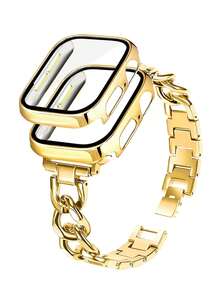 1pc Gold Hollow Chain Bracelet Wristband Metal Band & Gold Protective Case With Screen Protector For Apple Watch Ultra 3/2/1, SE, S10-S1, 38mm/40mm/41mm/42mm/44mm/45mm/46mm/49mm, Suitable For Men And Women, Elegant Gift