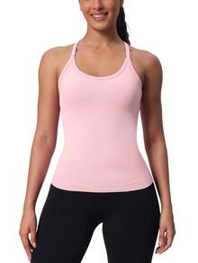 Camisetas sin mangas para entrenamiento para mujer, sujetadores incorporados, camisetas sin mangas deportivas con espalda cruzada y relleno, camisetas de yoga acanaladas - Rosa claro - Ver 4