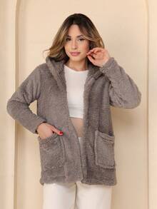 Plush Coat Teddy Blouse With Hood And Pocket - Grey - View 5