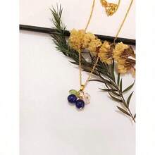 1pc2025 New Elegant Blueberry Pendant Necklace With Glass Fruit Charm And Acrylic Leaf, Suitable As Birthday Gift For Women & Girls - 藍色 - 查看 4