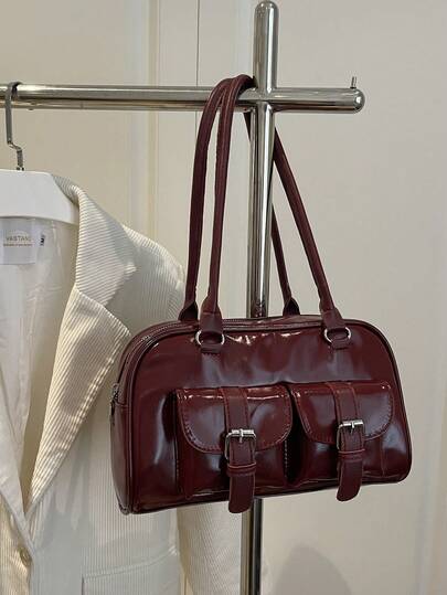 1pc Minimalist Retro Zipper Tote Bag, Decorated With Pockets, Dual Handles, Suitable For Women's Casual Daily Commute