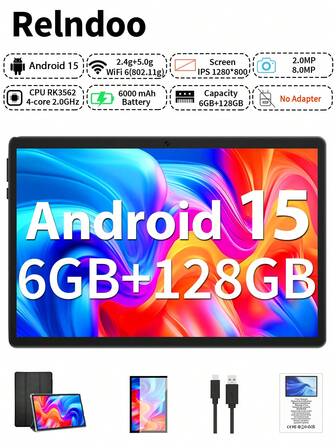 Relndoo 2025 TopS 10-tums Android 15 surfplatta, (6 GB + 20 GB) RAM + 128 GB ROM, RK3562 fyrkärnig 2,0 GHz-processor, 1280 * 800 HD-pekskärm, 6000 mAh stort batteri, 802.11n dubbelbands Wi-Fi 6, 2 MP + 8 MP dubbla kameror, stöd för 1 TB SD-kortutbyggnad, lämplig för onlinekurser, romanläsning, videouppspelning, ritdesign etc. (Adapter ingår ej) - svart