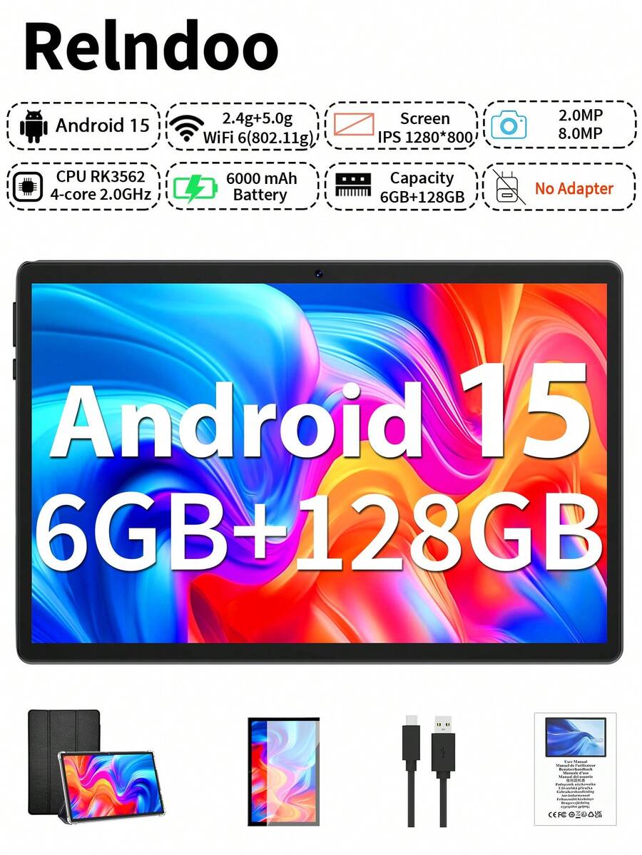Relndoo 2025 TopS 10-Inch Android 15 Tablet, (6GB+20GB) RAM +128GB ROM, RK3562 Quad-Core 2.0GHz, 1280*800px HD Touchscreen, 6000mAh High-Capacity Battery, 802.11n Wifi6 2.4g/5g, 2MP+8MP Dual Camera, Support 1TB SD Expansion, For Online Courses, Novels, Reading, Swiping Videos, Designing Paintings(No Adapter)-Black