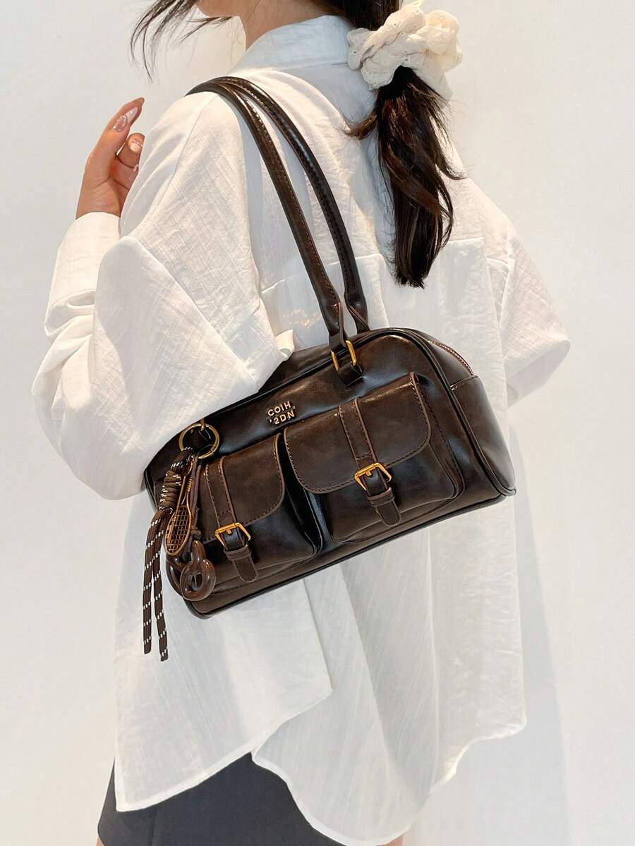 Vintage One Shoulder Bag, Multi-Pocket, Women's Bag, Faux Leather Material, Solid Color Retro, Large Capacity Women's Shoulder Bag, Comes With Pendant (Pendant May Vary Slightly By Batch)