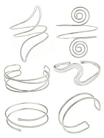 6pcs/Set Adjustable Silver-Tone Metal Simple Geometric Spiral Bangle Bracelet Set, Summer Vacation Style Decor, Suitable For Halloween