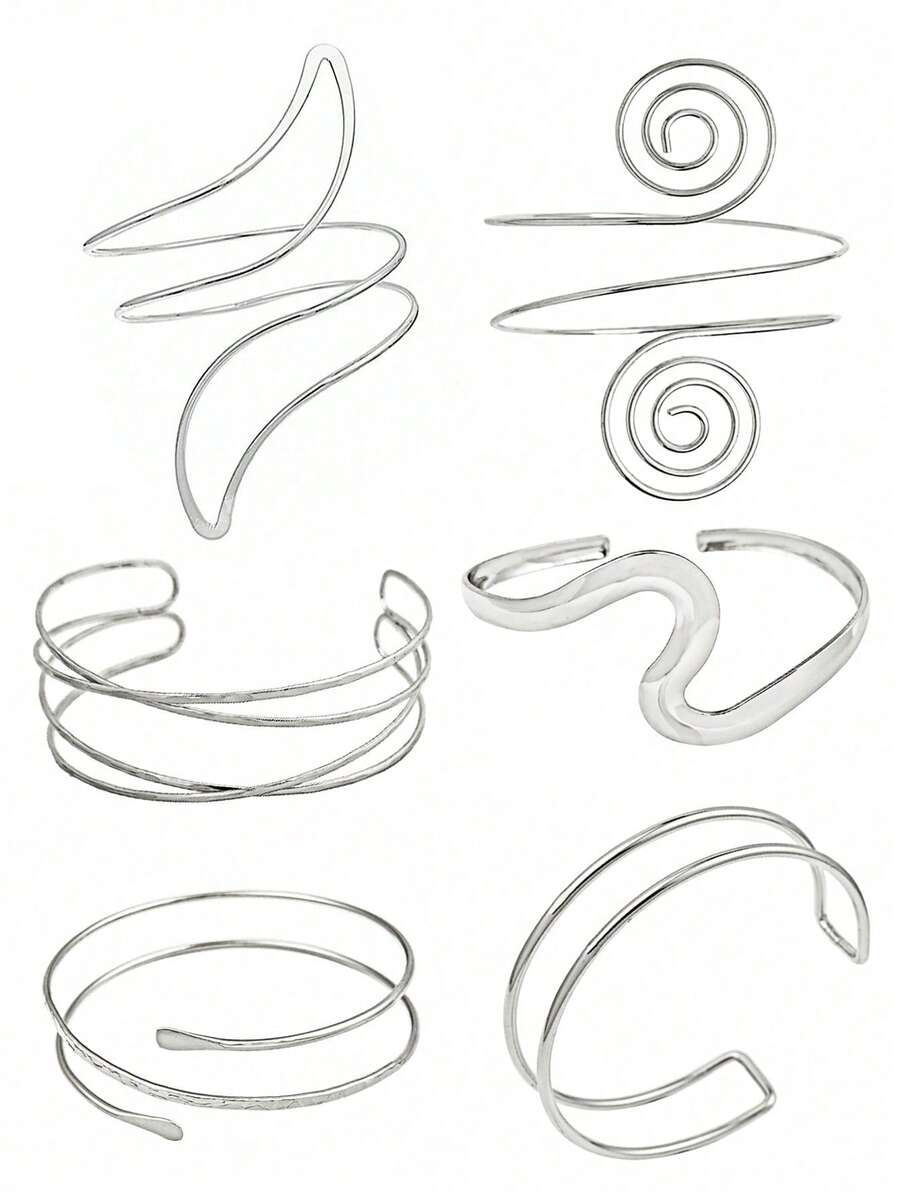 6 件/套可调节银色金属简约几何螺旋手镯套装，夏季度假风格装饰，适合万圣节 - 6PC銀色 - 查看 1