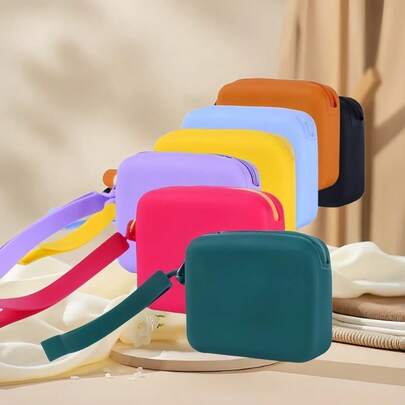 Colorful Silicone Mini Makeup Bag, Featuring A Variety Of Colors, Compact Square Design, With A Practical Carrying Strap, Fashionable And Portable. Made Of High-Quality Silicone Material, Soft, Durable And Waterproof, Easily Stores Lipstick, Eyeshadow, Powder Puff, Coins, Cards, Small Accessories, Whether For Daily Outings Or Traveling, It Is A Delicate Storage Assistant. Travel Essentials Holiday Vacation Makeup Organizer Travel Bag For Women