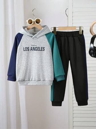 Boys Gray Hooded Sweatshirt With Color Block Harem Pants, Korean Style, 2pcs Set, Loose Fit, Fashionable, Spring/Autumn