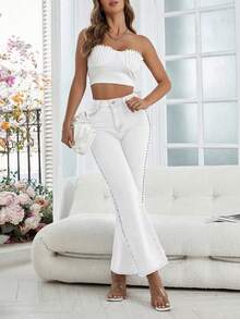 Women's Front Button Pocket With Rivet Decoration Straight Leg Denim Pants, Suitable For Daily Casual Wear - trắng - Xem 5