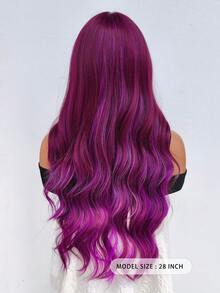 28 Inch Purple Long Wavy Curly Wig, Middle Part Purple Wig With Skunk Stripe, Loose Synthetic Wig Suitable For Women Daily, Party, Cosplay - Purple Highlight - View 5
