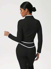 Sodalemon Women Training Gym Set Elastic Zip Up Long Sleeve Workout Jacket No Front Seam Dance Outdoor Yoga Flare Pants 2 PCS Fitness Set - Black - View 6
