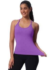 Workout Tank Tops For Women Built In Shelf Bras Padded -Racerback Athletic Tank Tops Ribbed Yoga Shirts - 紫色02 - 查看 5