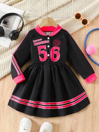 1pc Girls Casual "56" Numeral & Letter Print Soft Knit Long Sleeve Dress, Suitable For Outdoor Wear, Autumn/Winter