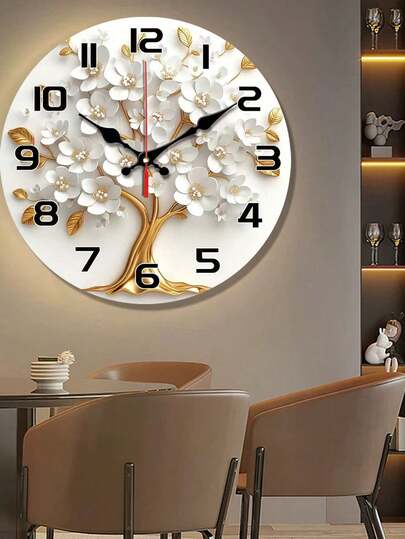 PC 10In 12In Elegante Silent Wand Klok Wit Bloemen Goud Tree Wood Veneer Perfect Living Room, Bedroom, Kitchen, Office Or Birthday Home Room view 5