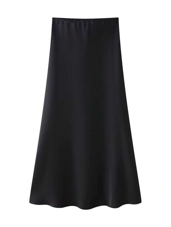 Falda A-Line casual de vacaciones de textura de satén de unicolor elegante para mujer QUN1330