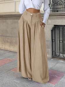 2026春夏新款女士纯色休闲优雅街头外出约会度假褶皱阔腿高腰驼色长裤，情人节裤装，春节裤装，女士阔腿裤，女士阔腿裤，女士长裤，女士办公装，春季服装，裤子，办公装，优雅，女士度假装，夜店装，女士春季装，女士度假装，夏季度假装，夏季，女士生日装