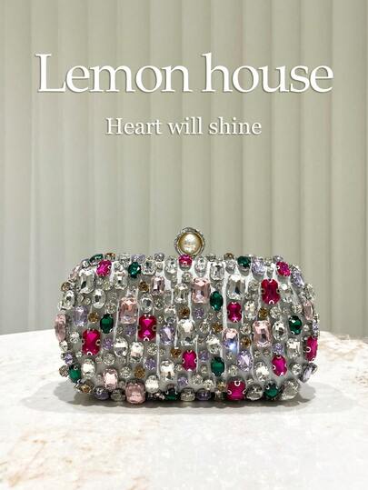 1 件银色闪光水钻装饰手拿包，奢华宝石晚宴包，优雅的盒形钱包，适合婚礼、派对、鸡尾酒会、狂欢节等正式场合