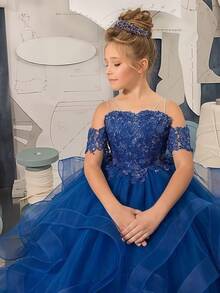 Elegant Sweetie Off Shoulder Flower Girl Dresses Mesh Tulle Ruffles Lace Appliques Princess Pageant Dresses For Girls Kids Party Ball Gowns,First Communion Dress,Tween Girls Princess Dress,Birthday,Wedding Or Photoshoot Outfit,Dance Performance Dress,Piano Performance Dress,Perfect For Shows,Birthday Parties,Vacations,Pageant,Prom Dress - Màu tím hoa cà - Xem 5