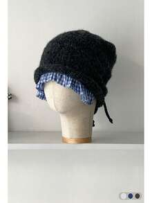 Letter Knitted Cuffed Beanie Hat For Women, Autumn/Winter, Fashionable, Face-Slimming, Large Head Circumference, Cold-Proof, Simple, Versatile, Ear-Warming, Knitted Hat With Plaid Ruffle, Grey - Multicolor - View 5