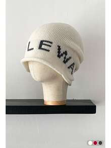 Letter Knitted Cuffed Beanie Hat For Women, Autumn/Winter, Fashionable, Face-Slimming, Large Head Circumference, Cold-Proof, Simple, Versatile, Ear-Warming, Knitted Hat With Plaid Ruffle, Grey - Multicolor - View 18